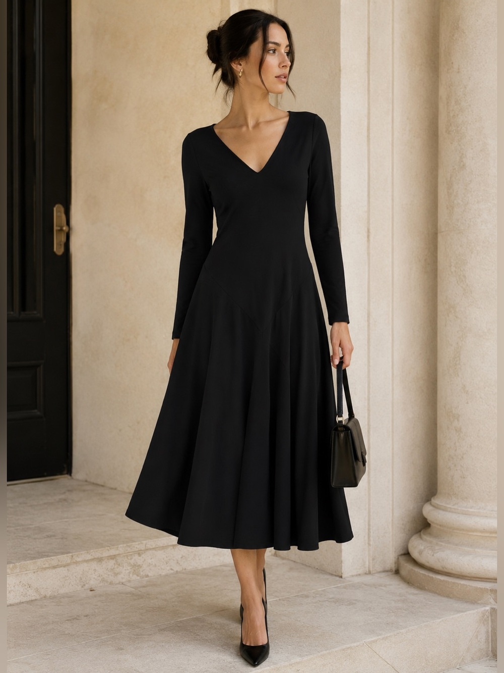 Lauren Ralph Lauren Black V-Neck Fit & Flare Midi Dress M